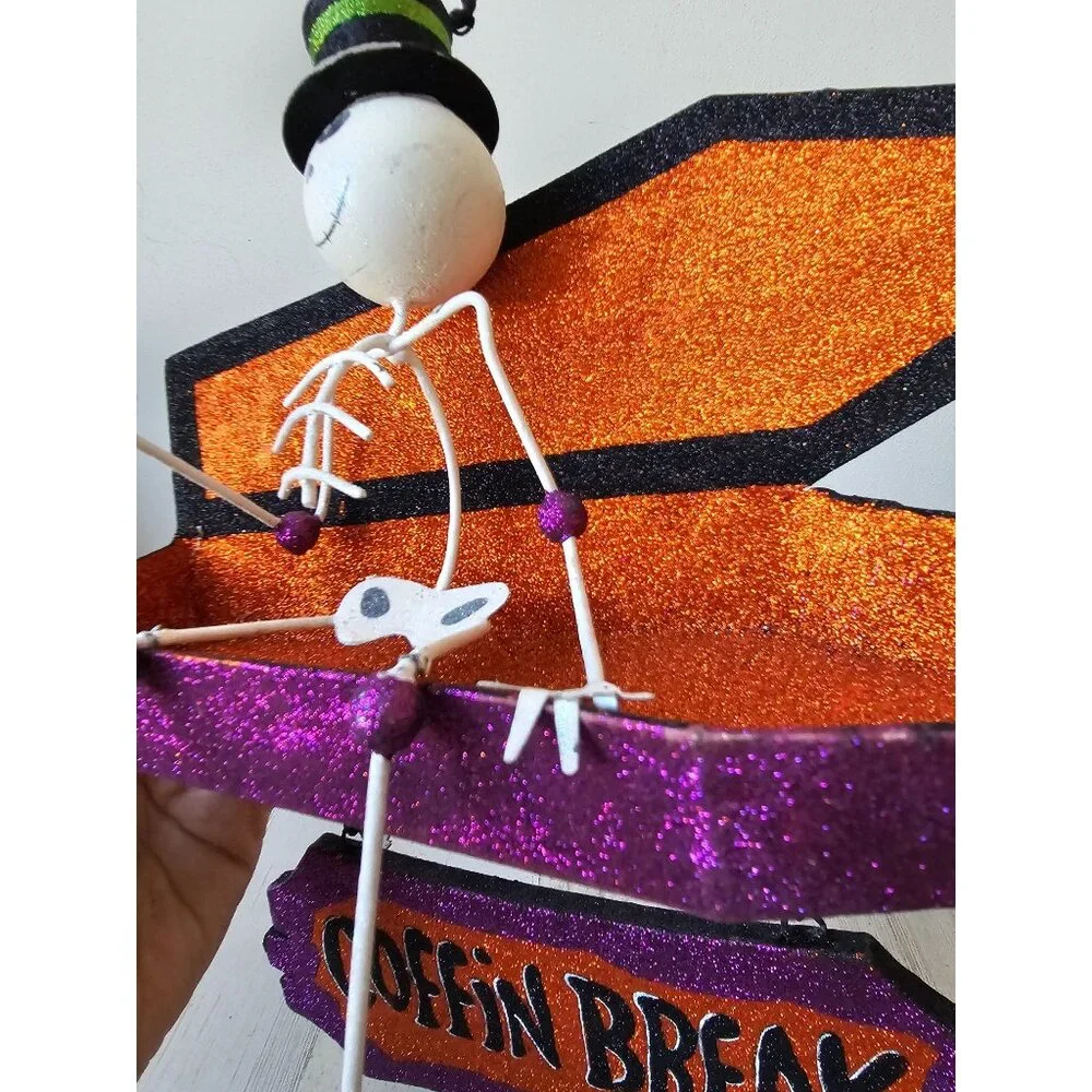 Pier 1 skeleton coffin break glitter RARE Halloween sign hanging decor unique sp